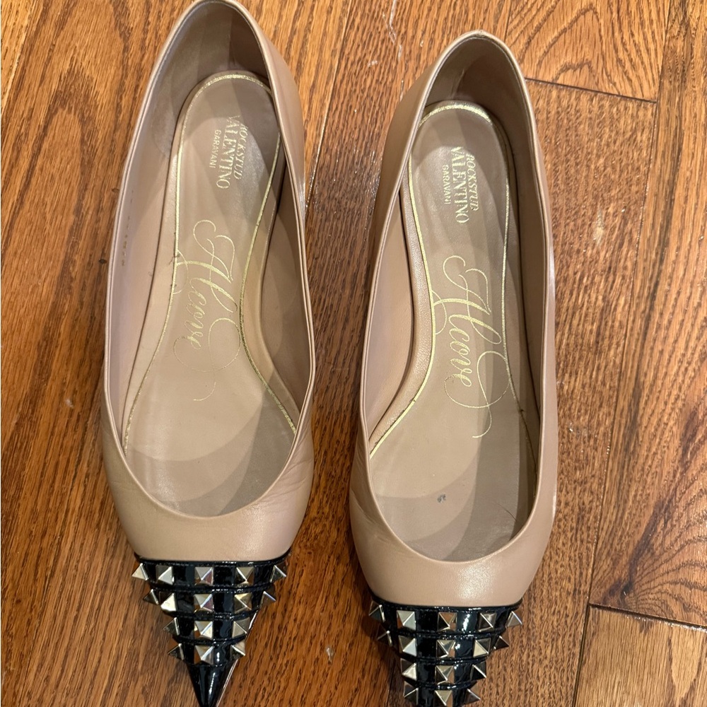 Valentino Beige and Black Studded Flats